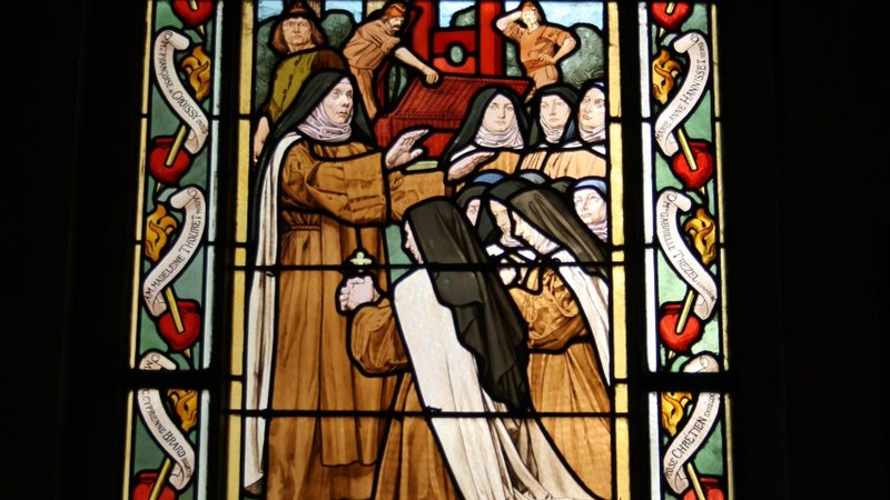 A stained-glass window depicting the martyrs of Compiègne, France, is seen in Saint-Honoré d'Eylau Church in Paris, in this Sept. 12, 2010 file photo. (CNS photo/G. Freihalter/WikiCommons)