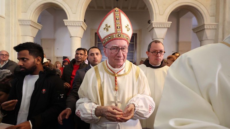 Cardinal Pietro Parolin, the Vatican's secretary of state, is seen with his hands covered in holy oil as he anointed the altar of the Church of the Baptism of the Lord at Al-Mughtas, Jordan, Jan. 10, 2025. (OSV News photo/courtesy Latin Patriarchate of Jerusalem)