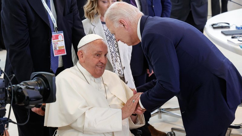 Pope Francis greets U.S. President Joe Biden June 14, 2024, before the pontiff gave a speech to world leaders at the Group of Seven summit in Borgo Egnazia in Italy's southern Puglia region. On Jan. 11, 2025, Biden spoke with the pope from the White House in Washington and named him as a recipient of the Presidential Medal of Freedom with Distinction. Biden had been scheduled to have an audience with the pope during a Jan. 9-12 trip to Rome but the president canceled the trip to amid the California wildfires. (CNS photo/courtesy of G7 Italia 2024)