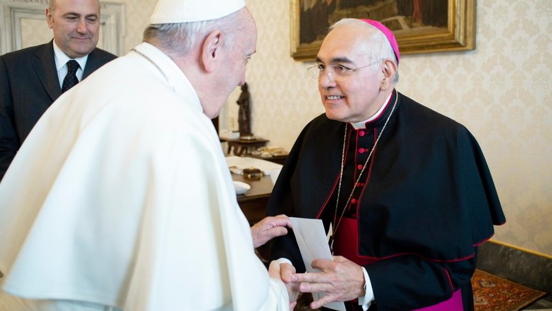 Pope Francis greets Bishop Joe S. Vásquez of Austin, Texas, during a Jan. 20, 2020, meeting with U.S. bishops from Arkansas, Oklahoma and Texas during their "ad limina" visits to the Vatican. On Jan. 20, 2025, the pope accepted the resignation of Cardinal Daniel N. DiNardo of Galveston-Houston and named the Austin prelate as his successor. (CNS photo/Vatican Media)