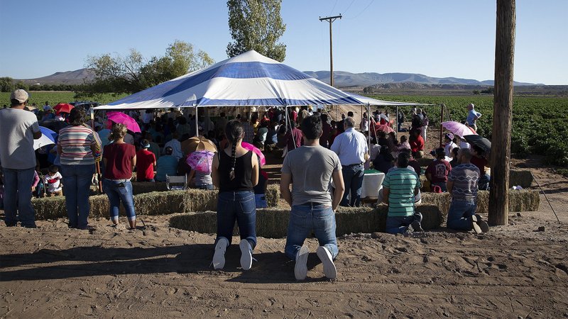 Migrant farmworkers attend an outdoor Mass Sept. 26, 2019, in Hatch, N.M. The Trump administration said Jan. 21, 2025, that it would rescind a long-standing policy preventing Immigration and Customs Enforcement agents from making arrests at what are seen as sensitive locations, including houses of worship, schools and hospitals. (OSV News photo/Tyler Orsburn)