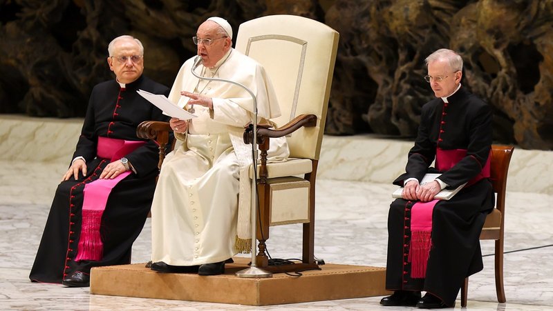 Pope Francis speaks to visitors in the Paul VI Audience Hall during his weekly general audience at the Vatican Jan. 22, 2025. (CNS photo/Lola Gomez)