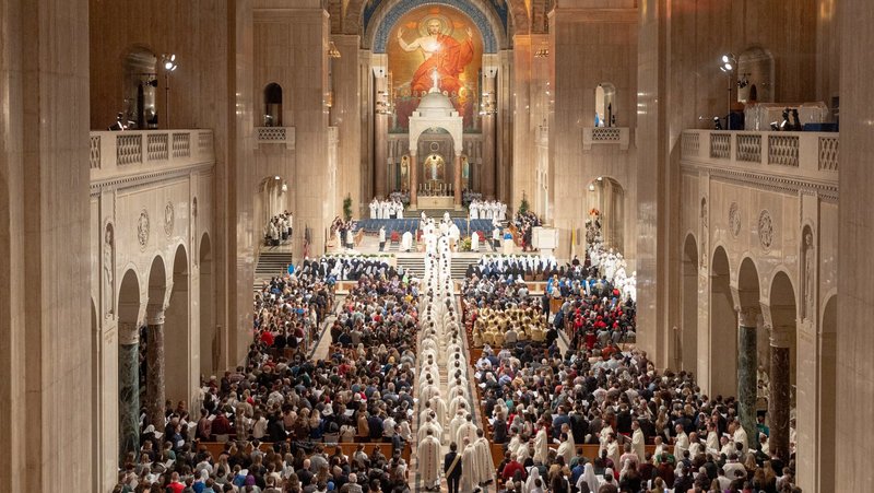 Archbishop Joseph F. Naumann of Kansas City, Kansas, celebrates Mass at the National Prayer Vigil for Life Mass at the Basilica of the National Shrine of the Immaculate Conception in Washington Jan. 23, 2025, the evening before the annual the March for Life. (OSV News photo/Mihoko Owada)