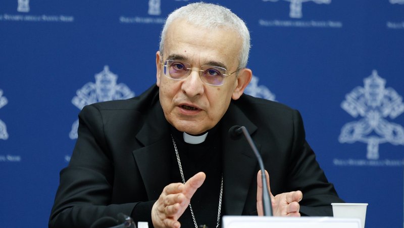 Archbishop Filippo Iannone, prefect of the Dicastery for Legislative Texts, speaks during a synod news conference at the Vatican March 14, 2024. (CNS/Lola Gomez)