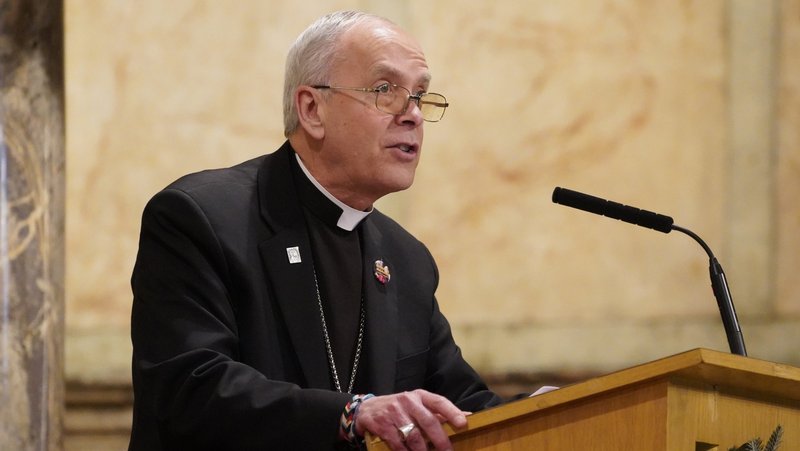 Bishop Mark J. Seitz of El Paso, Texas, the U.S. bishops' migration committee chairman, speaks at St. Lucy's Church in Newark, N.J., Jan. 13, 2025, during an interfaith gathering of religious leaders committed to supporting immigrants facing the threat of mass deportation by the incoming Trump administration. The event was co-sponsored by the Archdiocese of Newark and Faith in Action, an international faith-based organizing network. (OSV News photo/Gregory A. Shemitz)