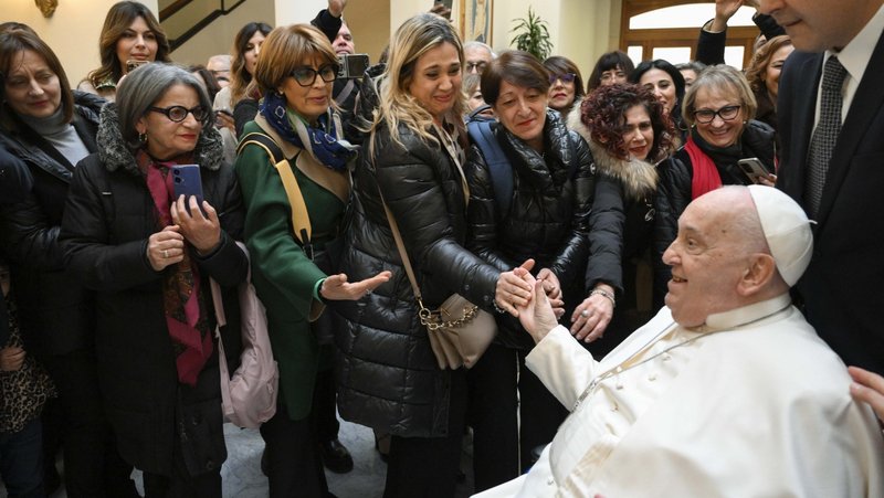 Pope Francis greets a group of obstetricians, gynecologists and other health care professionals from the southern Italian region of Calabria during an audience at the Vatican Feb. 6, 2025. (CNS photo/Vatican Media)