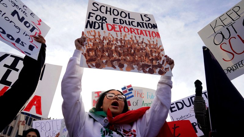 Protesters opposing possible Immigration and Customs Enforcement (ICE) raids in public schools chant outside the State Department of Education in Oklahoma City Jan. 28, 2025, during their monthly board meeting. (OSV News photo/Nick Oxford, Reuters)