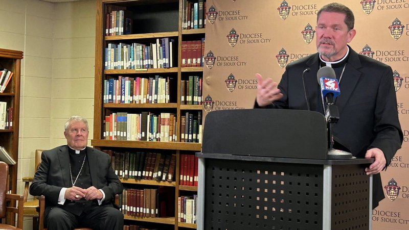 Bishop R. Walker Nickless looks on as Bishop-designate John E. Keehner Jr. speaks during a news conference at the pastoral center in the Diocese of Sioux City, Iowa, Feb. 12, 2025, after Pope Francis appointed him the new head of the diocese. He succeeds retiring Bishop Nickless, who is 77. (OSV News photo/Diocese of Sioux City)