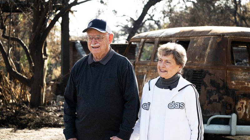 Ray and Mary Jo Spano visit the site of their Altadena home, destroyed in the Eaton Fire. (Victor Alemán)