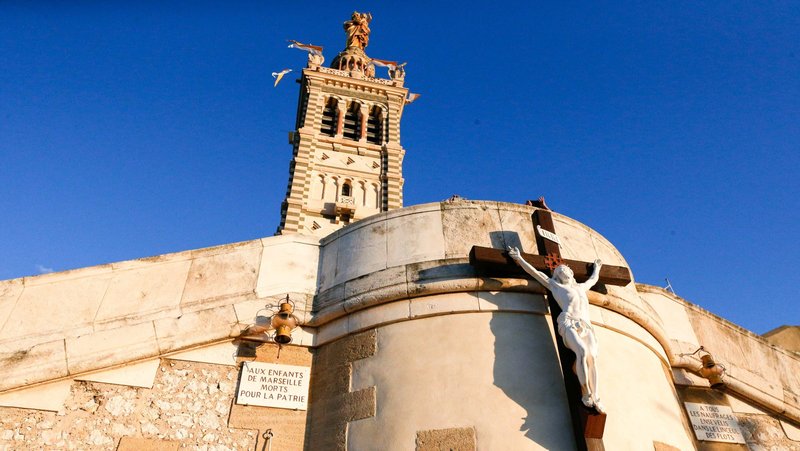 The Basilica of Notre Dame de la Garde in Marseille, France, is seen ahead of Pope Francis' arrival for a Marian prayer service with local clergy and religious Sept. 22, 2023. (CNS photo/Lola Gomez)