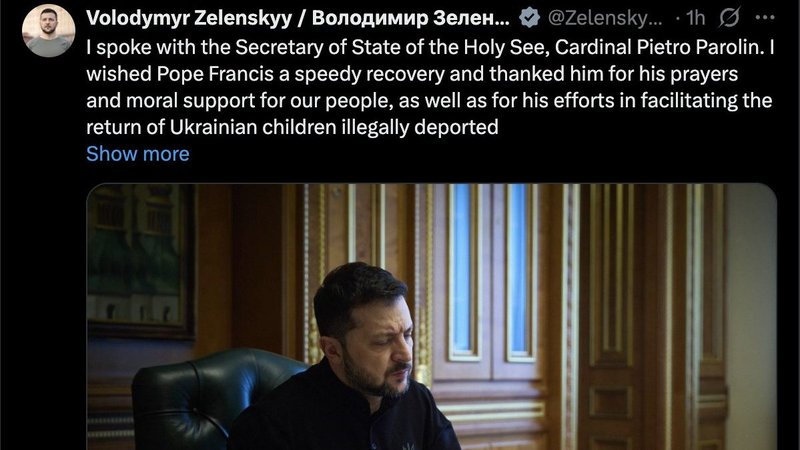 Ukrainian President Volodymyr Zelenskyy posts on X March 14, 2025, about a conversation he had with Cardinal Pietro Parolin, Vatican secretary of state. (CNS photo/screen grab from X)