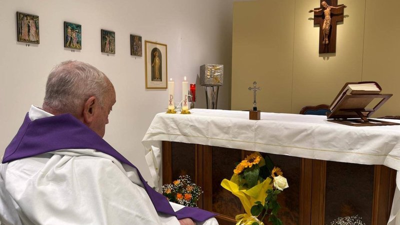 Pope Francis is seen in the chapel of his suite of rooms at Rome's Gemelli hospital March 16, 2025. The Vatican press office said the 88-year-old pope concelebrated Mass that morning. (CNS photo/Vatican Press Office) EDITORS: Highest quality available.