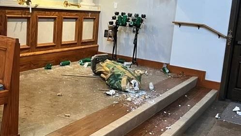 Vandalism to St. Patrick Church in Wichita, Kan., that occurred March 15, 2025, is seen in this image posted by the Kansas Catholic Conference to the conference's Facebook page March 15. (OSV News photo/Facebook/Kansas Catholic Conference)