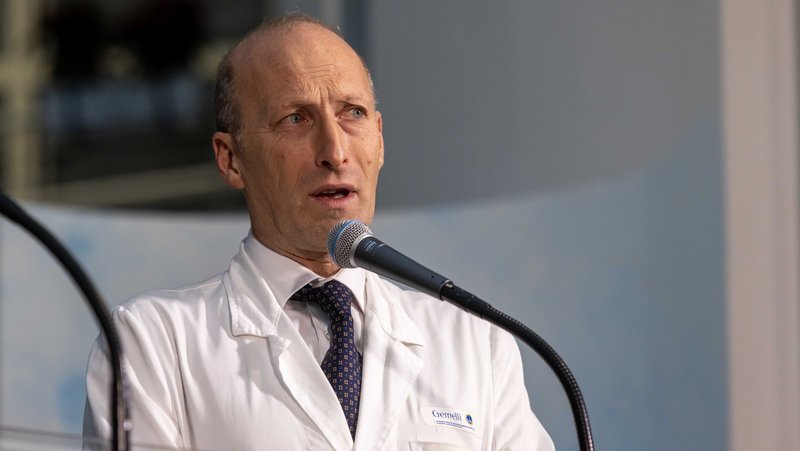 Dr. Sergio Alfieri, who has led the medical team treating the pope in the hospital, speaks at a news conference at Rome's Gemelli hospital March 22, 2025. The pope's doctors announced that he would be discharged from the hospital and return to his residence in the Vatican the following day. (CNS photo/Pablo Esparza)