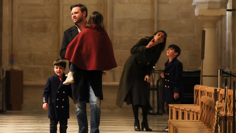 U.S. Vice President JD Vance, second lady Usha Vance, and their children Ewan, Vivek, and Mirabel, visit Notre Dame Cathedral in Paris February 12, 2025. (OSV News photo/Leah Millis, pool via Reuters)