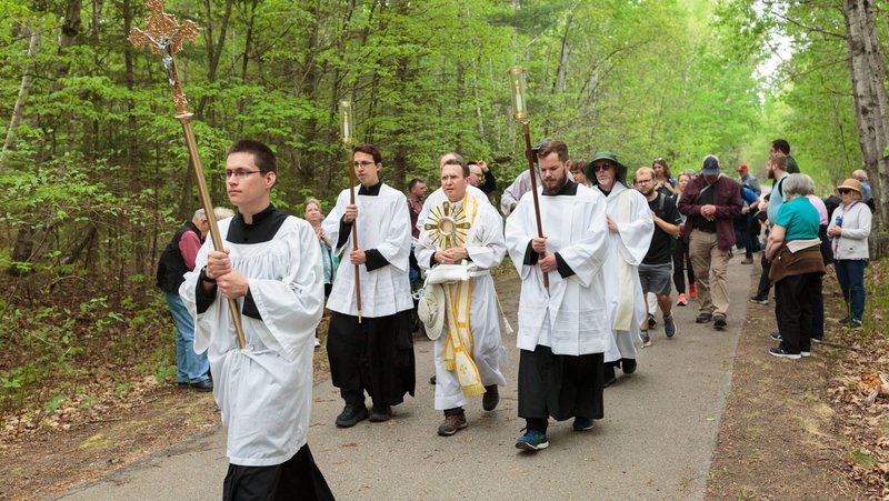 Pilgrims process in a 12-mile walk from Laporte to Walker, Minn., along the Paul Bunyan State Trail during the National Eucharistic Pilgrimage May 20, 2024. (OSV News/Courtney Meyer)