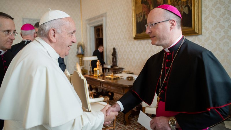 Pope Francis greets Bishop William Shawn McKnight of Jefferson City, Mo., as he meets with U.S. bishops from Iowa, Kansas, Missouri and Nebraska during their "ad limina" visits to the Vatican Jan. 16, 2020. Pope Francis has accepted the resignation of Archbishop Joseph F. Naumann of Kansas City, Kansas, April 8, 2025, and named as his successor Archbishop-designate McKnight. (CNS photo/Vatican Media)