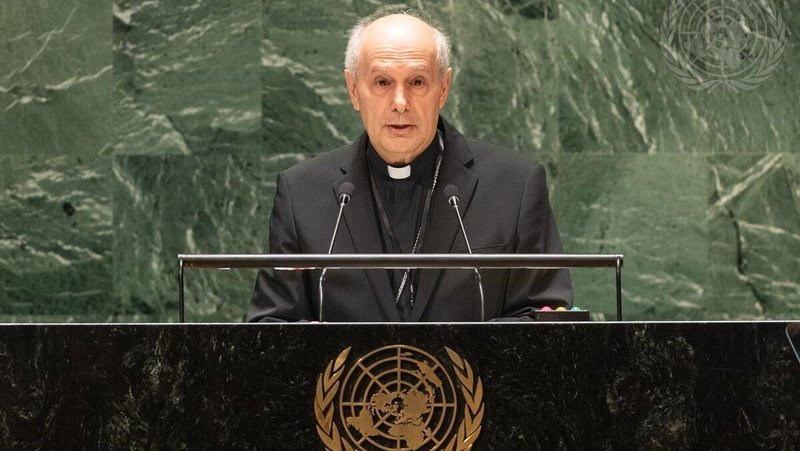 Archbishop Gabriele G. Caccia, permanent observer of the Holy See to the United Nations, is pictured in a 2023 photo addressing the General Assembly at U.N. headquarters in New York City. Archbishop Caccia delivered an April 8, 2025, statement expressing concern at the continued rise of political instability and conflict. (OSV News photo/Rick Bajornas, courtesy United Nations)