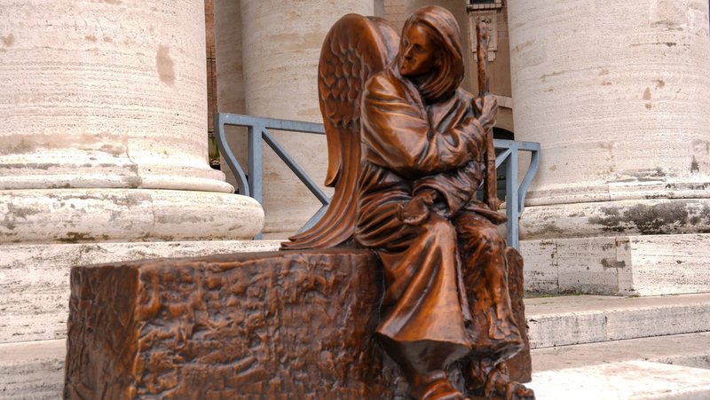 "Be Welcoming," a bronze sculpture of a traveler by Canadian artist Timothy Schmalz, is seen in St. Peter's Square at the Vatican April 15, 2025. (CNS photo/Justin McLellan)