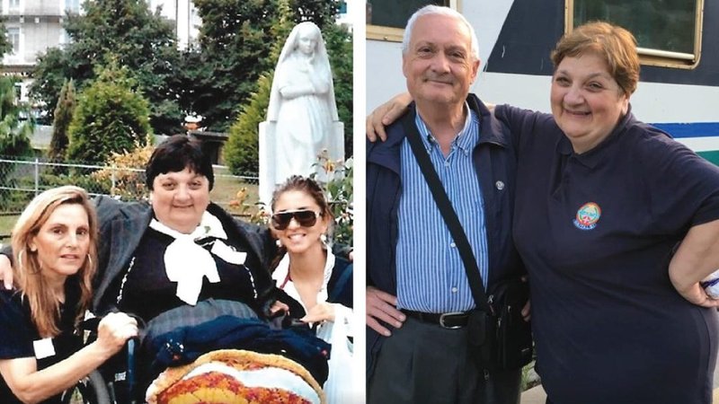 Antonietta Raco (pictured in 2009, left, and in 2019, right), who suffered from primary lateral sclerosis, was cured in 2009 during her pilgrimage to the Sanctuary of Our Lady of Lourdes, France, after bathing in the shrine's pools. In a joyful moment after the rosary on April 16, 2025, the shrine's rector, Father Michel Daubanes, announced that her healing became the 72nd miracle officially recognized by Lourdes' medical team as medically unexplained. (OSV News photo/courtesy Lourdes Sanctuary Medical Association)