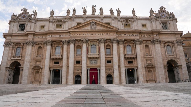 The steps of St. Peter's Basilica at the Vatican, with thousands of Easter flowers removed, is seen April 21, 2025, just before people begin praying the rosary for the repose of the soul of Pope Francis. (CNS photo/Lola Gomez)