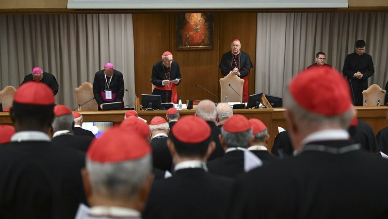 Cardinal Giovanni Battista Re, dean of the College of Cardinals, leads the fifth general congregation meeting of cardinals in the New Synod Hall at the Vatican April 28, 2025. (CNS photo/Vatican Media)