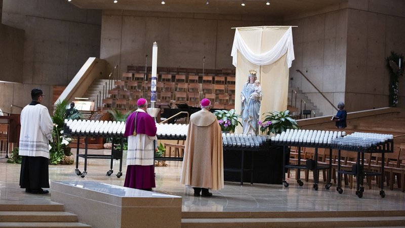 Archbishop Jose H. Gomez of Los Angeles, president of the U.S. Conference of Catholic Bishops, leads a special liturgy in renewing the consecration of the U.S. to the care of our Blessed Mother May 1, 2020, from the Cathedral of Our Lady of the Angels in Los Angeles. (OSV News photo/Victor Aleman, courtesy Angelus News)