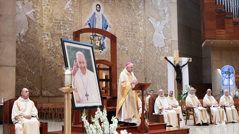 Archbishop Jose H. Gomez celebrated a special Mass for the eternal rest of Pope Francis on April 21, 2025, hours after the pope's death. Joining the Archbishop were three LA auxiliary bishops appointed by Pope Francis. (Victor Alemán)