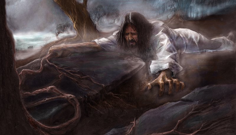 Jesus in agony at Gethsemane clutching the ground. (Shutterstock)
