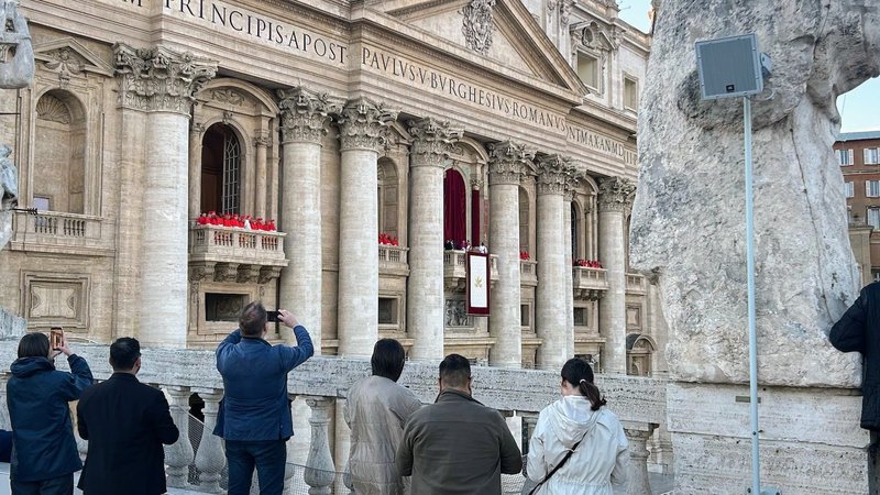 The author’s view of the newly elected Pope Leo XIV on the balcony of St. Peter’s Basilica from the press deck atop the Bernini colonnade on May 8, 2025. (Pablo Kay)