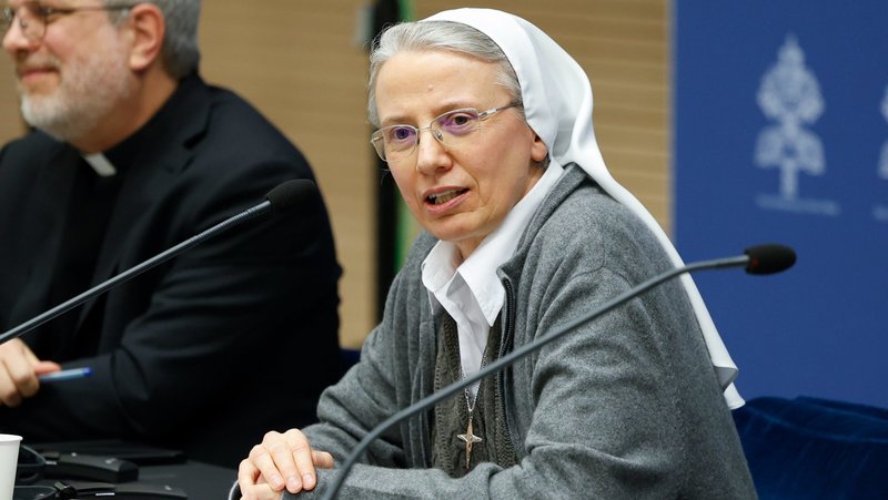 Consolata Missionary Sister Simona Brambilla speaks during a news conference at the Vatican March 14, 2024, about study groups authorized by Pope Francis to examine issues raised at the synod on synodality. (CNS photo/Lola Gomez)