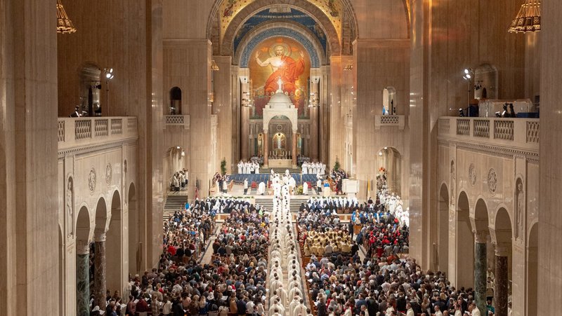 Archbishop Joseph F. Naumann of Kansas City, Kansas, celebrates Mass at the National Prayer Vigil for Life Mass at the Basilica of the National Shrine of the Immaculate Conception in Washington Jan. 23, 2025, the evening before the annual the March for Life. (OSV News photo/Mihoko Owada)