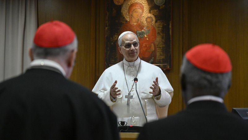 Pope Leo XIV speaks with the College of Cardinals in the New Synod Hall at the Vatican May 10, 2025, during his first formal address to the college since his election May 8. (CNS photo/Vatican Media)