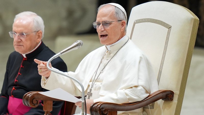 Pope Leo XIV speaks to representatives of the media who covered his election in the Paul VI Audience Hall at the Vatican May 12, 2025. (CNS photo/Lola Gomez)