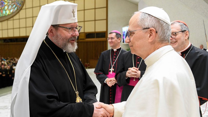 Pope Leo XIV greets Major Archbishop Sviatoslav Shevchuk of Kyiv-Halych, head of the Ukrainian Greek Catholic Church, during a meeting with participants in the Jubilee of the Eastern Churches in the Paul VI Audience Hall at the Vatican May 14, 2025. (CNS photo/Vatican Media)