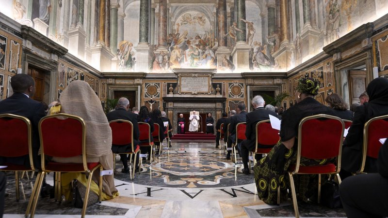 Pope Leo XIV speaks to diplomats during an audience with the Vatican diplomatic corps in the Apostolic Palace's Clemetine Hall at the Vatican May 16, 2025. (CNS photo/Vatican Media)
