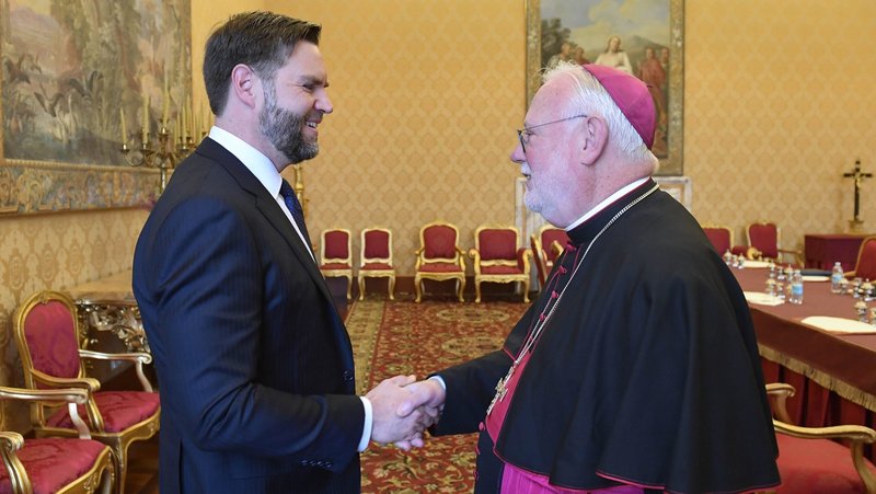 Archbishop Paul R. Gallagher, Vatican foreign minister, shakes hands with U.S. Vice President JD Vance in the Apostolic Palace at the Vatican May 19, 2025. (CNS photo/Vatican Media)