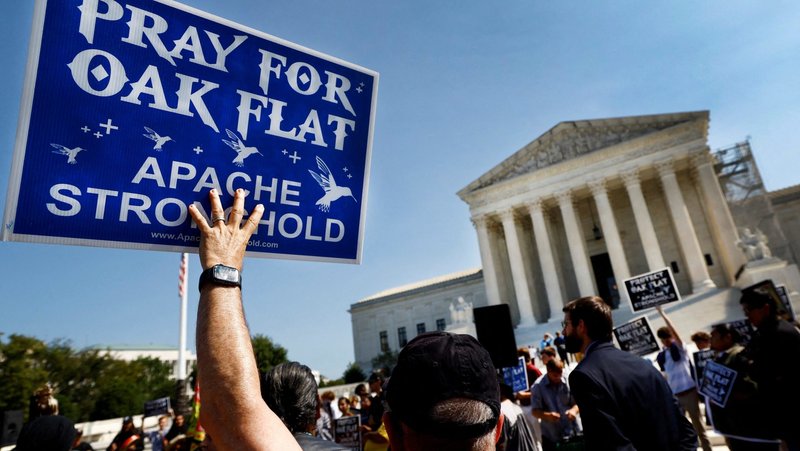 Members of Apache Stronghold protest outside the U.S. Supreme Court in Washington Sept. 11, 2024, the day the Native American-led coalition filed an appeal asking the high court to overturn a federal appeals court ruling allowing development of a copper mine in Oak Flat, Ariz., on a site Apache people consider sacred. The U.S. Supreme Court on May 27, 2025, rejected their appeal. (OSV News photo/Piroschka van de Wouw, Reuters)
