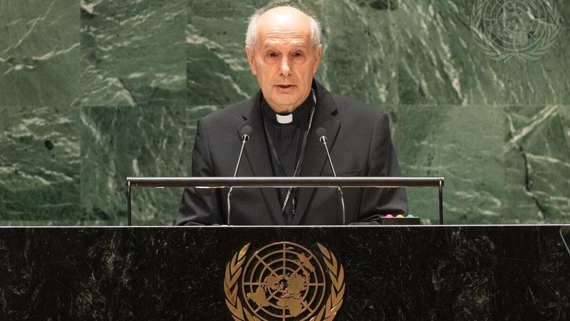 Archbishop Gabriele G. Caccia, permanent observer of the Holy See to the United Nations, is pictured in a 2023 photo addressing the General Assembly at U.N. headquarters in New York City. (OSV News photo/Rick Bajornas, courtesy United Nations)