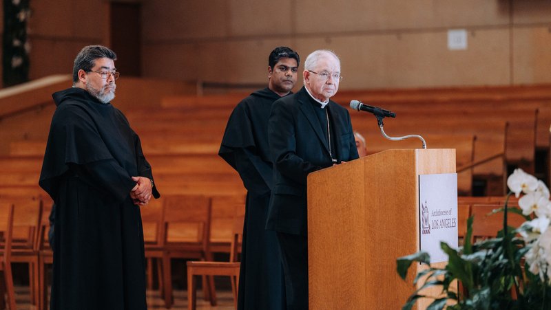 Archbishop José H. Gomez speaks along with Augustinian priests Father Sarfraz Alam, OSA, right, and Father Carlos Flores Haylock, OSA, during a press conference to celebrate Pope Leo XIV on May 8. (Isabel Cacho)