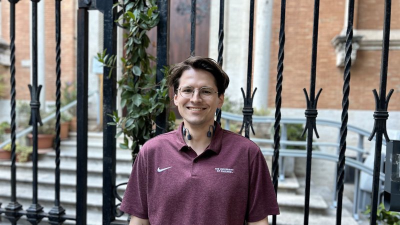 Clayton Powell, a graduate student at the University of Chicago, in front of St. Patrick’s Catholic American Parish in Rome May 10, 2025. (Pablo Kay)