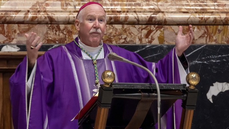 Pittsburgh Auxiliary Bishop Mark A. Eckman gives the homily during a Mass with U.S. Holy Year pilgrims at the Altar of the Chair in St. Peter's Basilica at the Vatican March 17, 2025. Pope Leo XIV on June 4, 2025, accepted the resignation of Pittsburgh Bishop David A. Zubik, 75, and appointed Bishop Eckman as his successor. (CNS photo/Pablo Esparza)