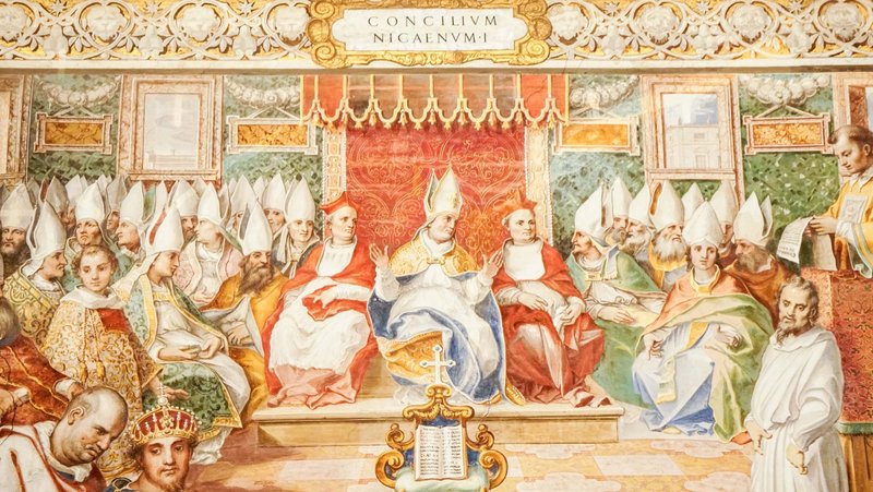 A wall fresco depicting the First Council of Nicaea can be seen in this photo taken in the Sistine hall of the Vatican Library July 19, 2023. The council was held in 325 and its 1700th anniversary coincides with the Holy Year 2025. (CNS photo/Carol Glatz)