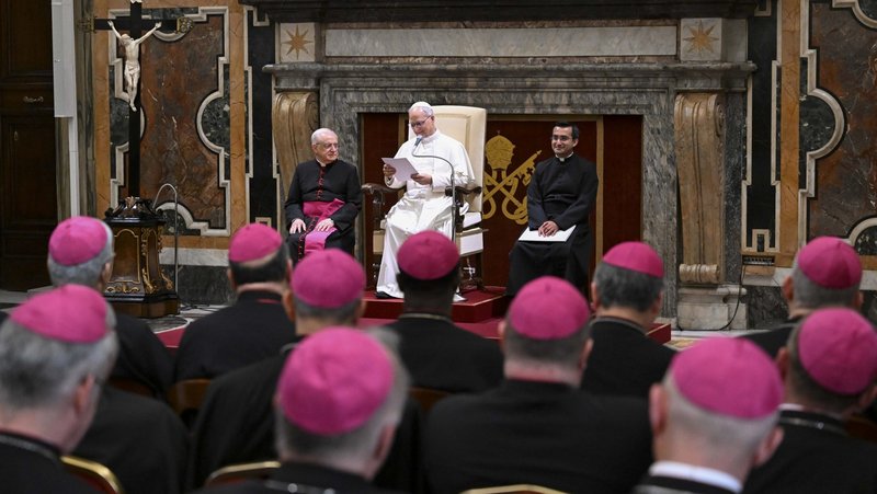 Pope Leo XIV speaks to apostolic nuncios and other papal diplomats during an audience at the Vatican June 10, 2025. (CNS photo/Vatican Media)