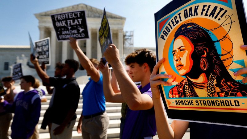 Members of the Native American coalition Apache Stronghold protest outside the U.S. Supreme Court in Washington Sept. 11, 2024, the day the coalition filed an appeal asking the high court to overturn a federal appeals court ruling allowing development of a copper mine in Oak Flat, Ariz., on a site Native Americans consider sacred. (OSV News photo/Piroschka van de Wouw, Reuters)