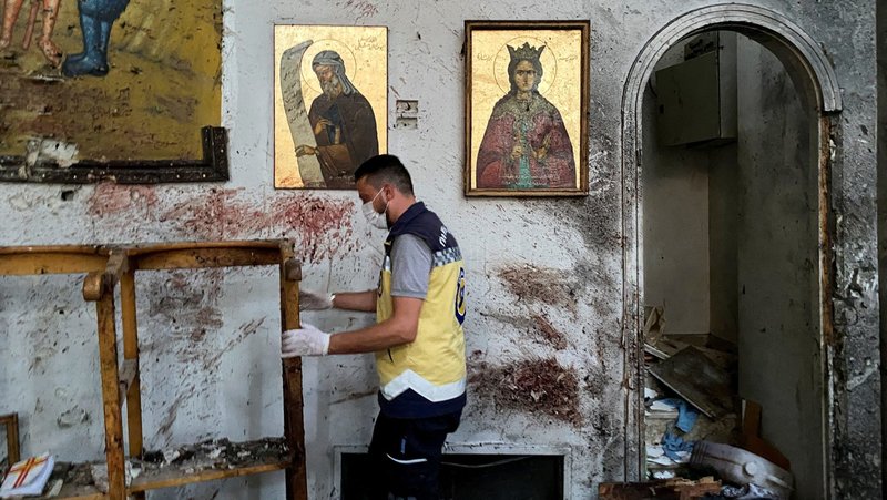 A civil defense member inspects the damage after a blast rocked the Mar Elias Church according to witnesses, in the Dweila neighborhood of Damascus, Syria, June 22, 2025. (OSV News photo/Firas Makdesi, Reuters)