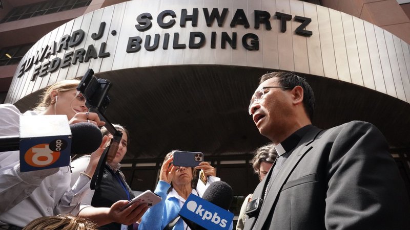 San Diego Bishop Michael M. Pham talks to reporters about his federal court visit to support immigrants at the Edward J. Schwartz Federal Building and U.S. Courthouse on World Refugee Day, June 20, 2025, in San Diego. (OSV News photo/Chris Stone, NCR)