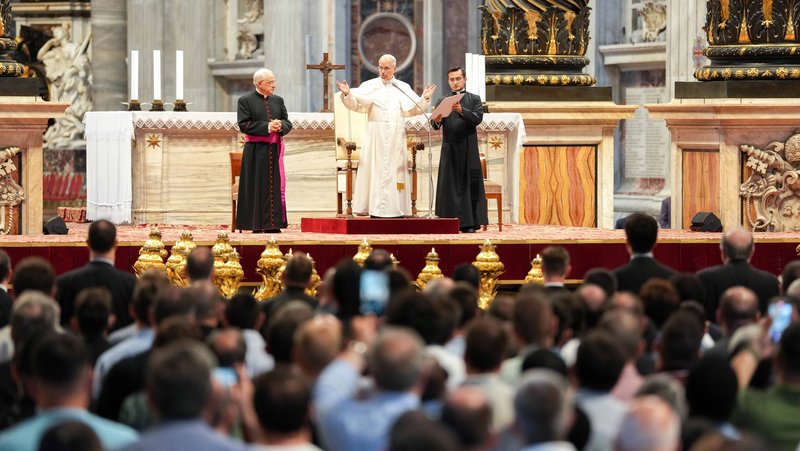 Pope Leo XIV gives his blessing after leading a meditation for hundreds of seminarians and those involved in priestly formation from around the world in St. Peter's Basilica at the Vatican June 24, 2025, as part of the Jubilee of Seminarians. (CNS photo/Lola Gomez)