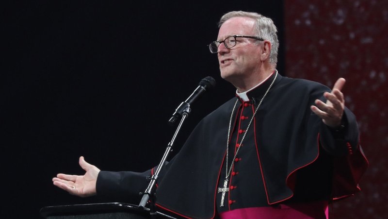 Bishop Robert E. Barron of Winona-Rochester, Minn., speaks during the July 20, 2024, revival night of the National Eucharistic Congress at Lucas Oil Stadium in Indianapolis. (OSV News photo/Bob Roller)