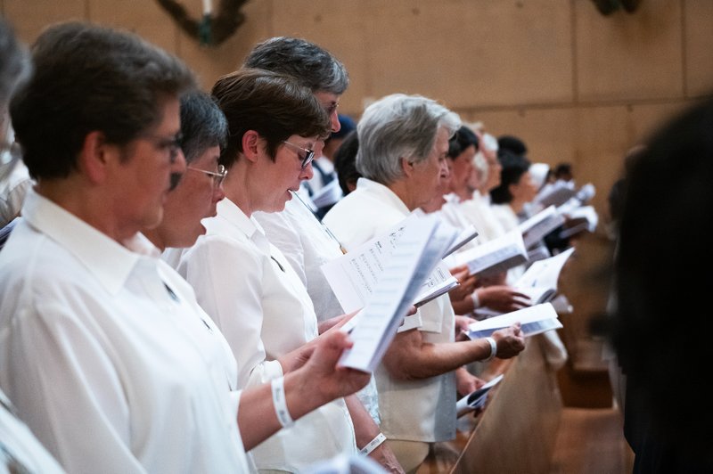 Sisters of the Society Devoted to the Sacred Heart of Jesus attend the Cathedral of Our Lady of the Angels on June 22 for Mass during the National Eucharistic Pilgrimage. (Victor Alemán)